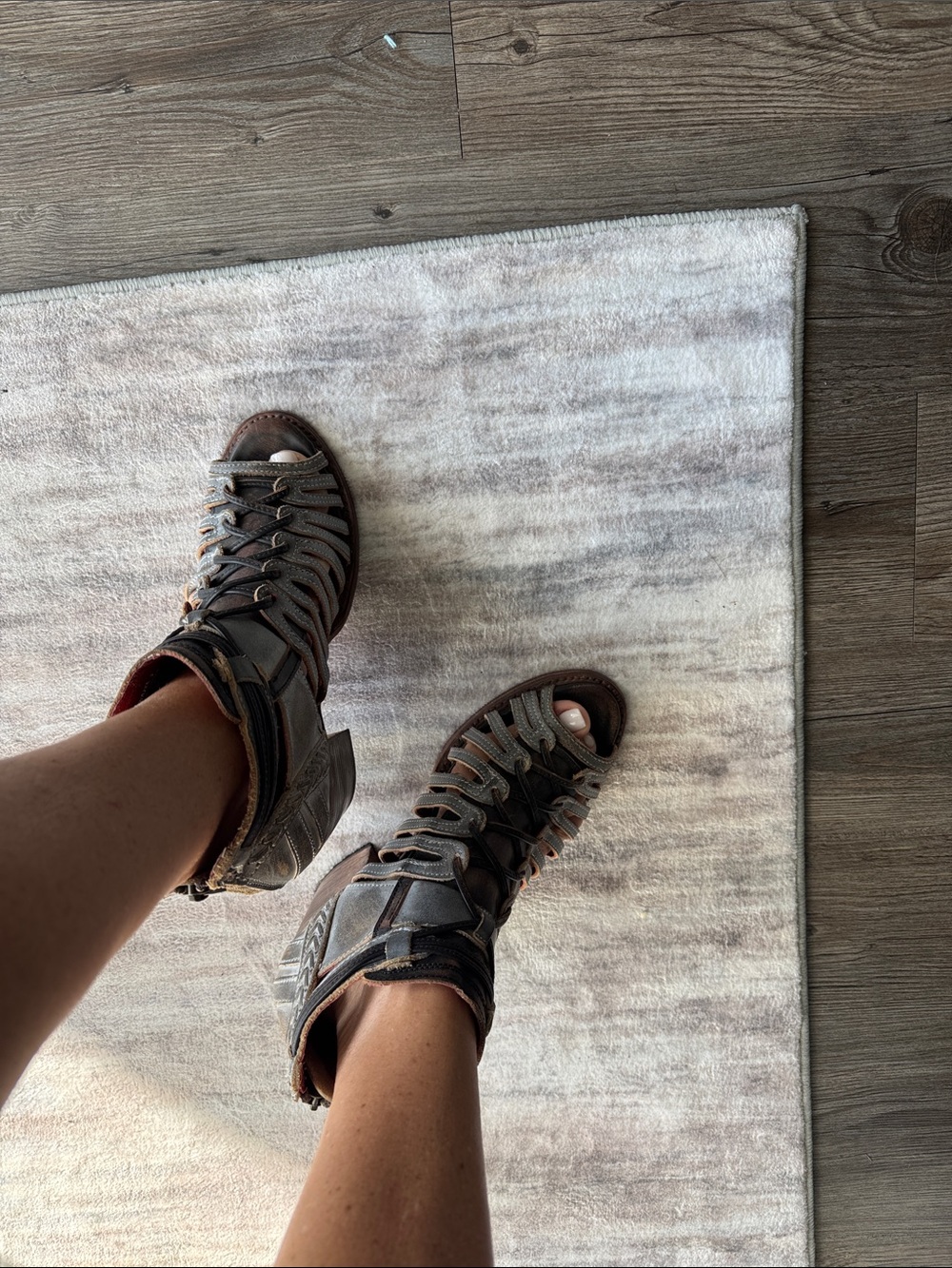 Freebird by Steven Distressed Silver and Brown Strappy Heeled Sandal Boots - Picture 14 of 14